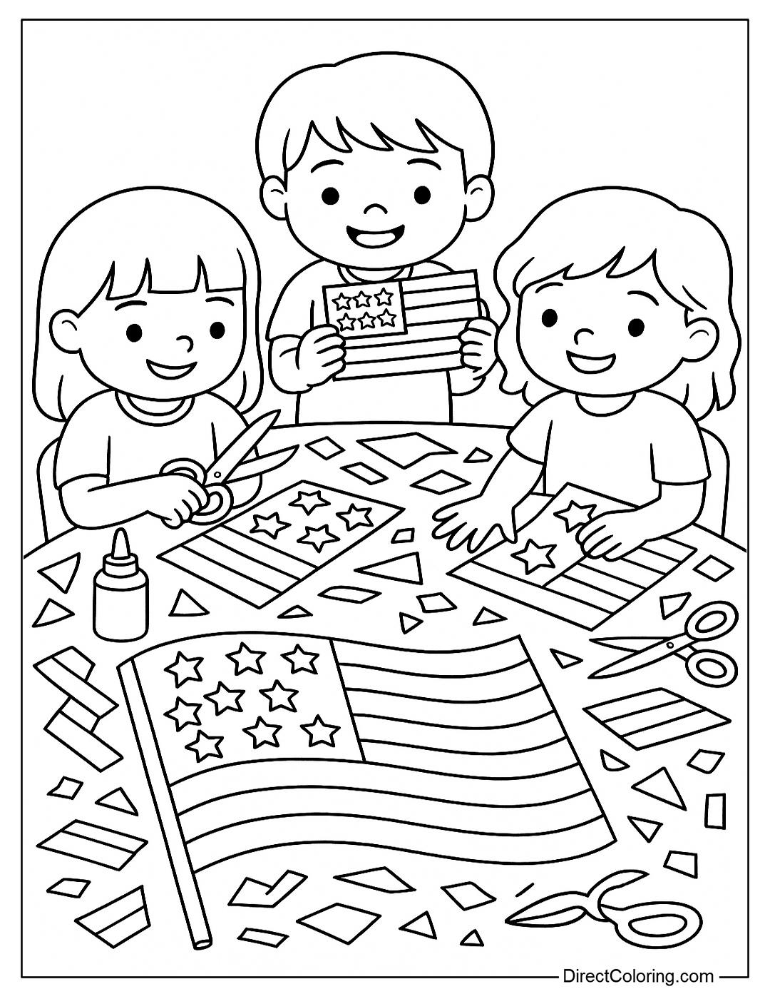 A coloring page of a group of children making paper flags, with scissors, glue, and colored paper scattered around